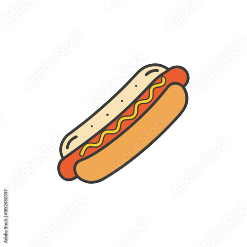 Colorful illustration of a hot dog with mustard on a white background
