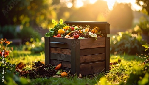 Vibrant Compost Bin Overflowing with Organic Scraps in Lush Garden Setting