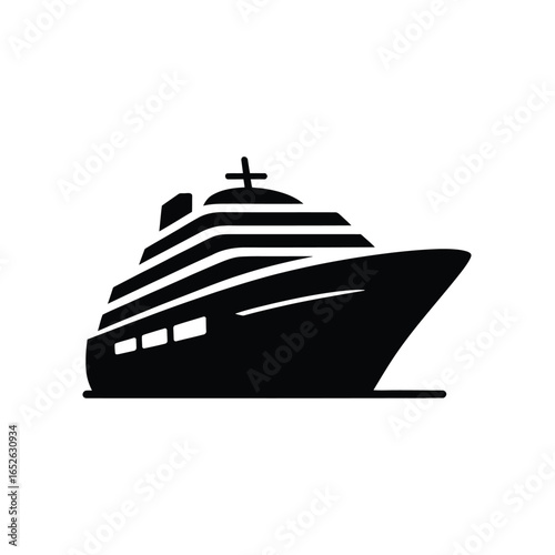 Black silhouette of a cruise ship with white windows and a cross boat vessel