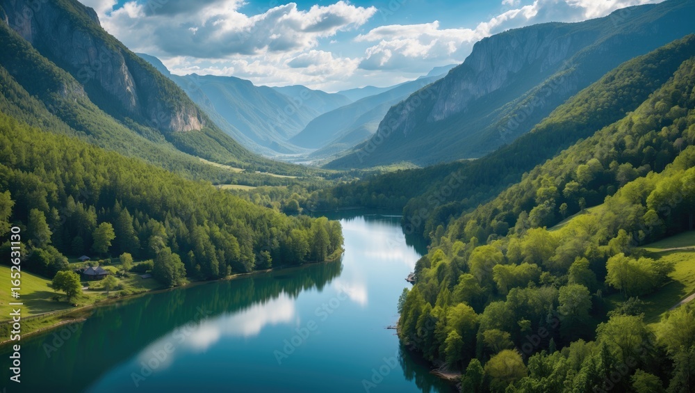 Obraz premium High-altitude shot of a scenic depression beside a freshwater pond
