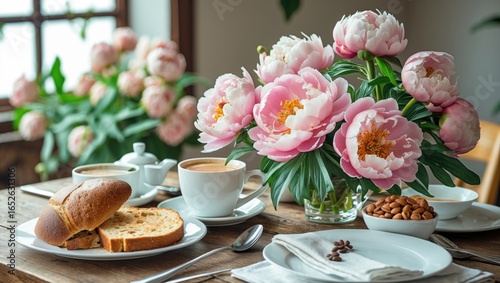 Fototapeta Naklejka Na Ścianę i Meble -  Start your day with coffee and a colorful bouquet of peonies