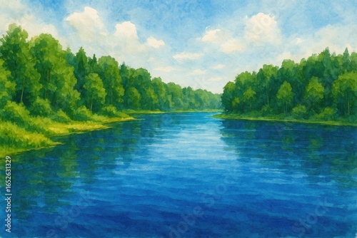 Serene blue waters nestled among vibrant forest foliage in warm weather