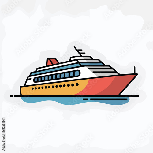 Stylized cruise ship sailing on blue water against white background boat vessel