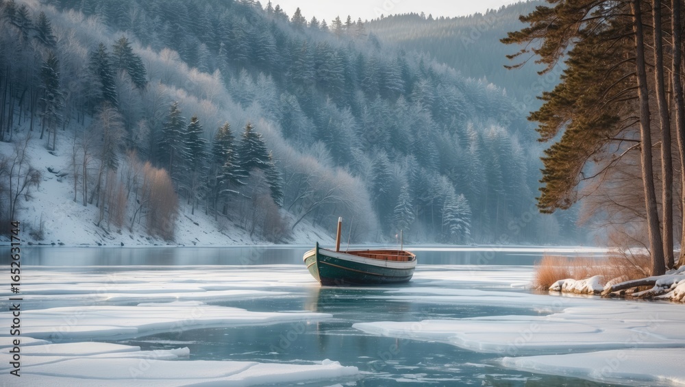 Fototapeta premium Frosty lake scene featuring a boat