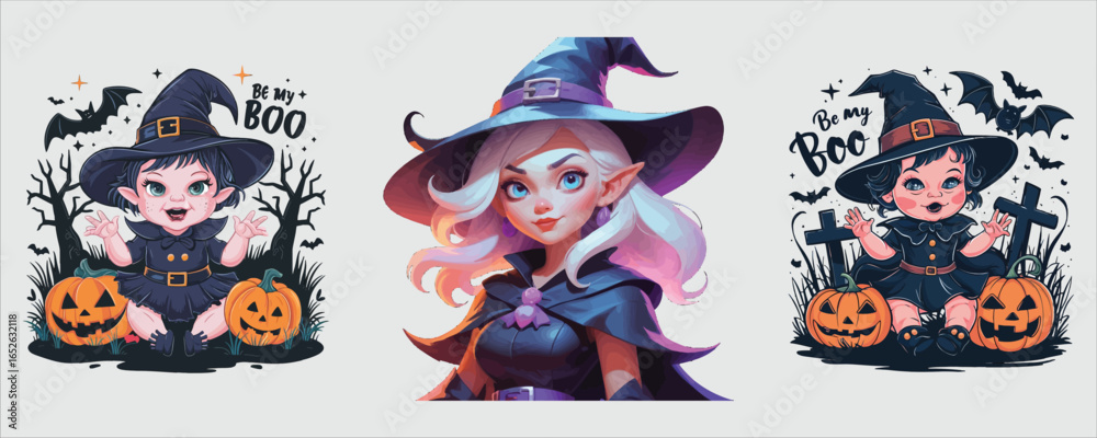 Fototapeta premium Vector art of cute halloween witch cartoon set