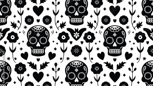 Seamless sugar skull pattern with floral and heart motifs for Dia de los Muertos and gothic t shirt design