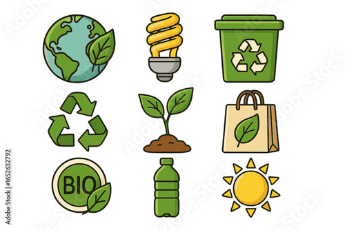 Collection of ecology and sustainability icons. Cartoon vector illustration set of eco friendly practices. Concepts of green energy, recycling, conservation, planet earth, bio.