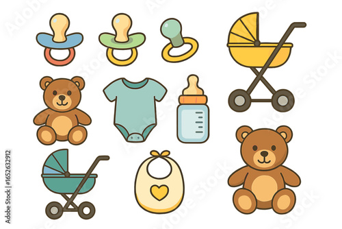 Baby shower icon set with cute newborn essentials. Vector collection of cartoon items for infant care. Includes stroller, teddy bear, pacifier, bottle, bib, and bodysuit.