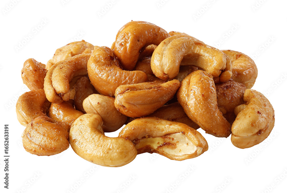 Fototapeta premium A pile of roasted cashews isolated on transparent background, a healthy and delicious snack
