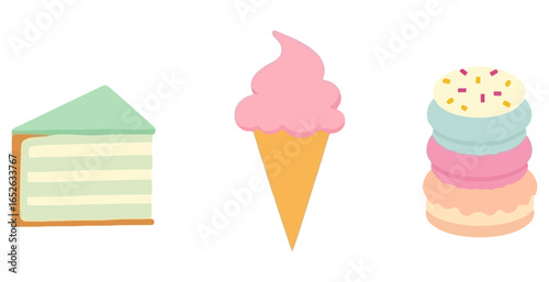 Vector art of cake, ice cream and macaroon isolated on white background