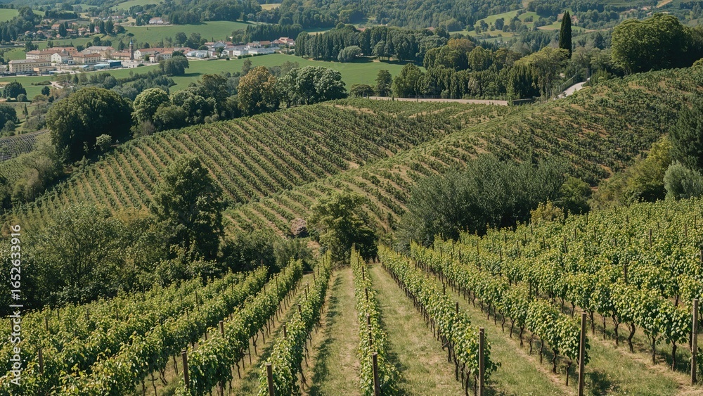 Naklejka premium Nature scene of green hills planted with crops in neat lines encircling a prominent industrial district during summer