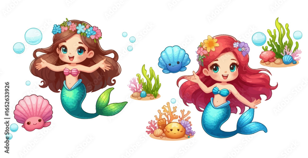 Fototapeta premium Vector art of cute mermaid isolated on white background