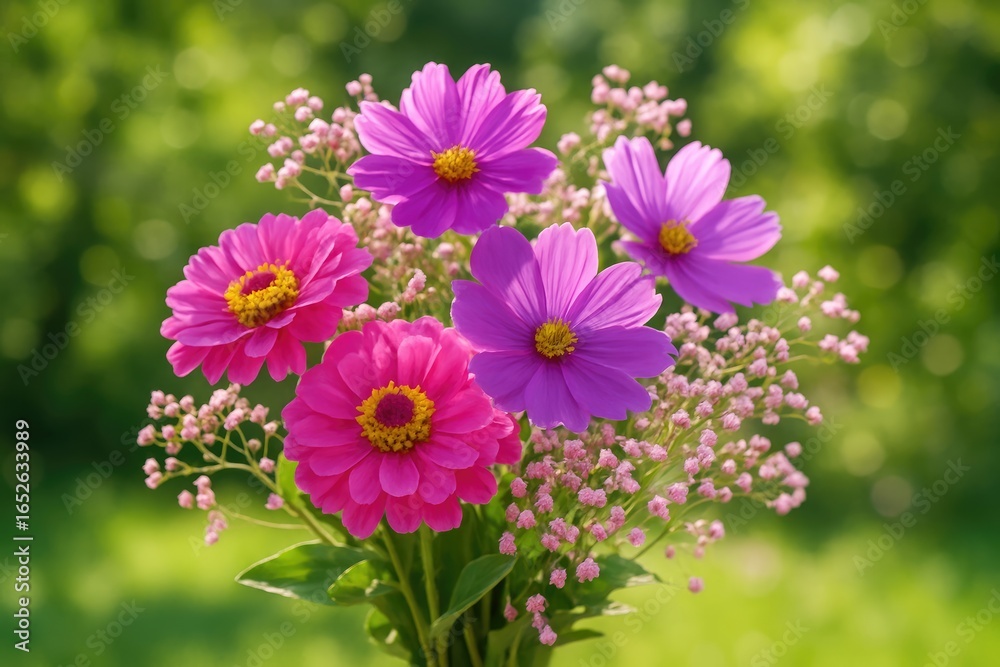 Obraz premium Colorful bouquet of fresh spring flowers showcasing bright pink and purple petals with soft pink baby's breath in sunlight