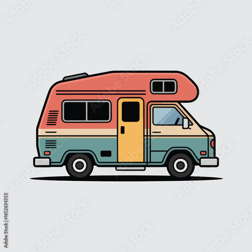 Retro camper van illustration with coral, teal, and yellow colors on light gray background