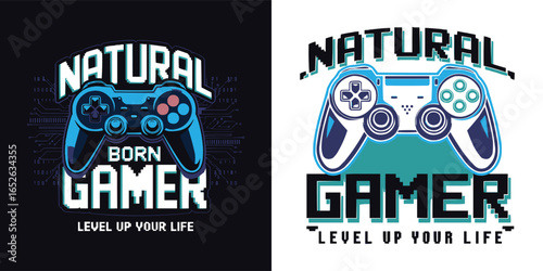 Natural born gamer typography vector with video game controller graphic for gaming t shirt design, retro arcade style illustration