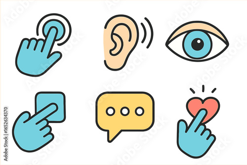 Vector icon set for UI UX design. User engagement and web accessibility symbols. Digital interaction concepts like hand tap, button click, see, hear, chat message, and like.