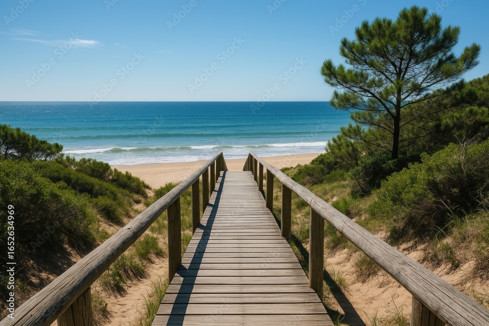 Fototapeta premium A coastal walkway made of wood featuring a side barrier