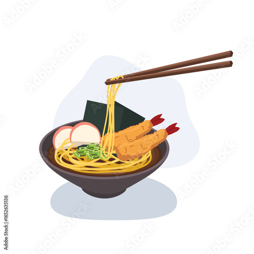 tempura ramen bowl with noodles lifted by chopsticks