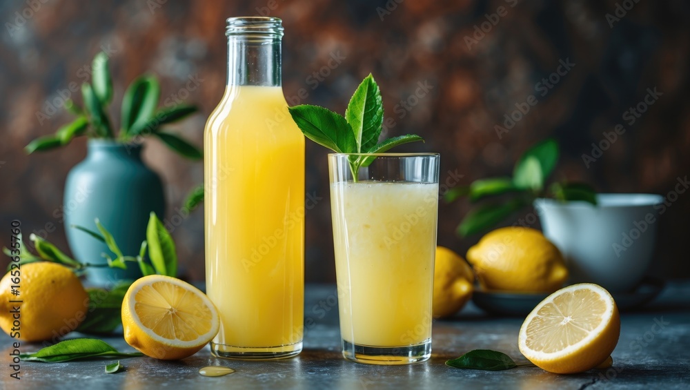 Fototapeta premium A table setting featuring a bottle and glass filled with freshly squeezed lemon juice