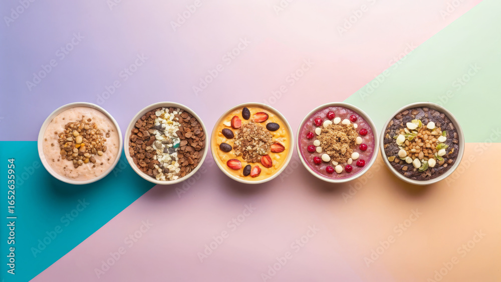 Organic granola concept ,Delicious bowls filled with various granola flavors and toppings create vibrant display of textures Organic granola concept ,Delicious bowls filled with various granola flavors and toppings create vibrant display of textures
