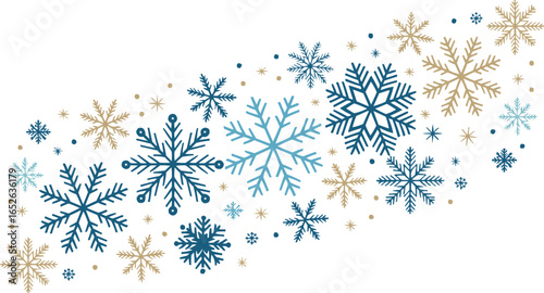 Snowflake pattern vector illustration in blue and gold with festive winter decoration elements for seasonal background and t shirt design