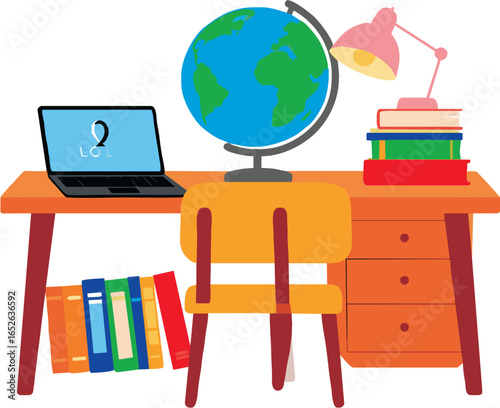 17082025_Minimalist Kids Study Desk Vector Illustration
Minimalist vector illustration of a modern kids study desk with chair, laptop, open books, and lamp, pastel color palette, clean design, back to