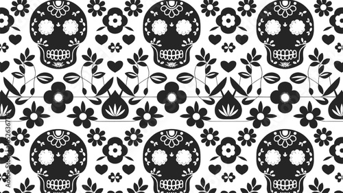 Black and white sugar skull seamless pattern with flowers leaves and hearts for mexican holiday celebration and t shirt design