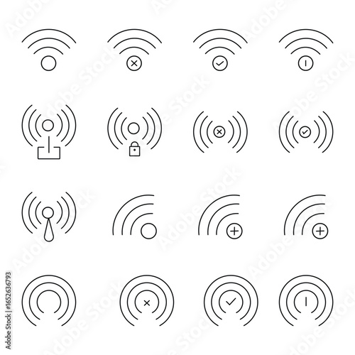 Collection of wireless signal icons with various indicators.