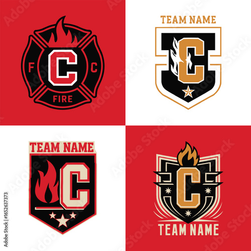 Fire sports team emblem set with shield letter c flame and star elements in bold typography for mascot and t shirt design