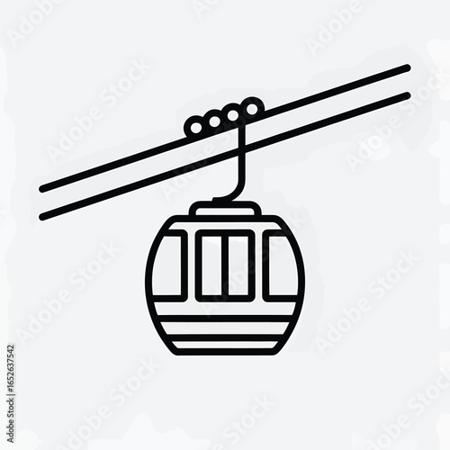 Black and white line art icon of a ski lift gondola on a cable car transportation