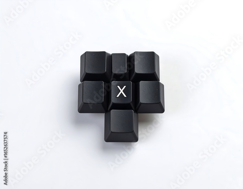 Conceptual arrangement of black keyboard keys displaying the letter 'X' on a white background