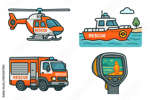 Search and rescue vehicle icon set. Emergency response cartoon collection with helicopter, boat, truck, and thermal imaging camera for coastal lifesaving and safety missions.