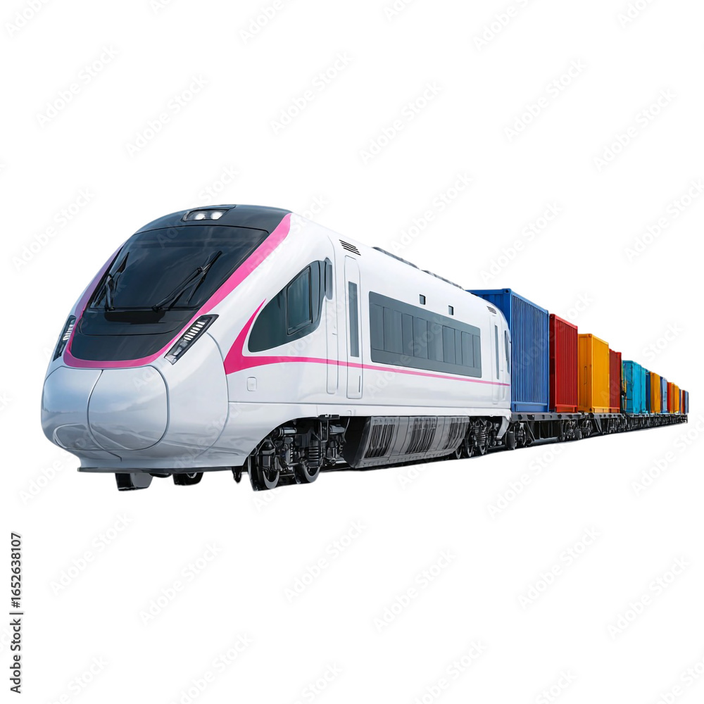 Naklejka premium High-Speed Freight Train with Containers - Isolated on Transparent Background