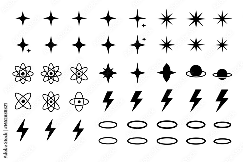 Naklejka premium Set of Y2K minimalist vector icons. Black graphic design elements featuring stars, sparkles, atoms, orbits, planets, and lightning bolts. Retro futuristic symbols.