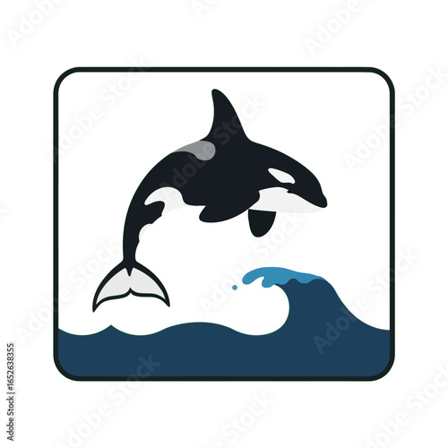 A simple graphic icon of a black and white killer whale breaching over a stylized blue ocean wave.