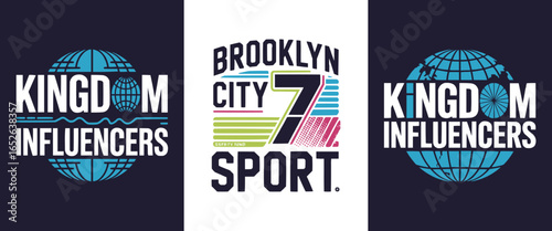 Kingdom Influencers and Brooklyn City Sport typography emblem with globe and urban athletic style graphic for modern t shirt design