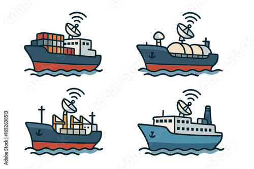Shipping vessels icon set with satellite communication technology. Cartoon vector collection of a container ship, tanker, bulk carrier, and ferry for maritime global logistics.