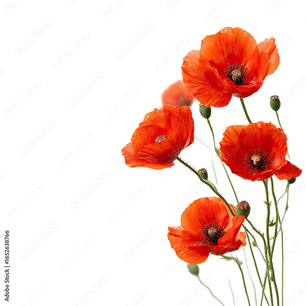 Naklejka premium Vibrant red poppies with delicate stems and buds, arranged against a stark black background