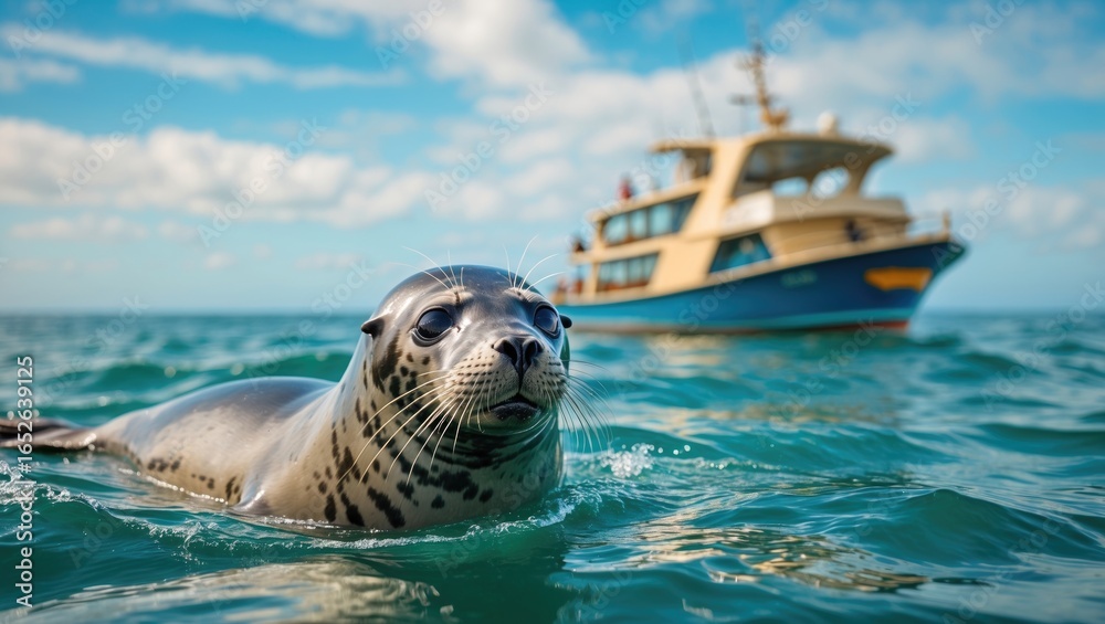 Obraz premium An aquatic animal trails a moving boat in the water