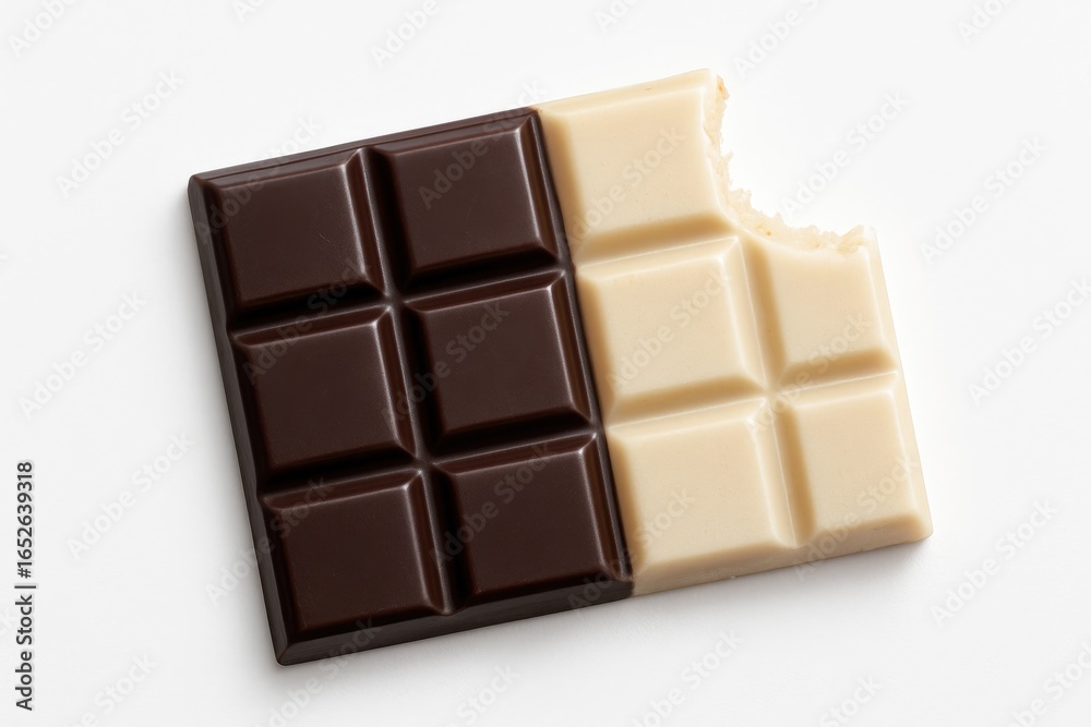 Fototapeta premium Isolated black and white chocolate bar showing a bite, set against a white background. Clipping path applied.