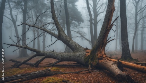 Fallen tree hidden within a fog-covered forest