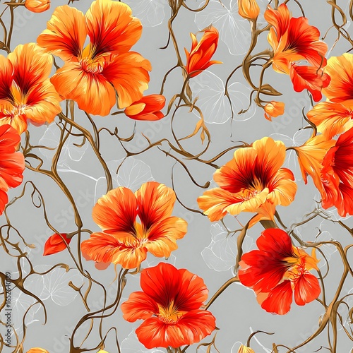 Vibrant floral pattern with orange nasturtium flowers on a gray background