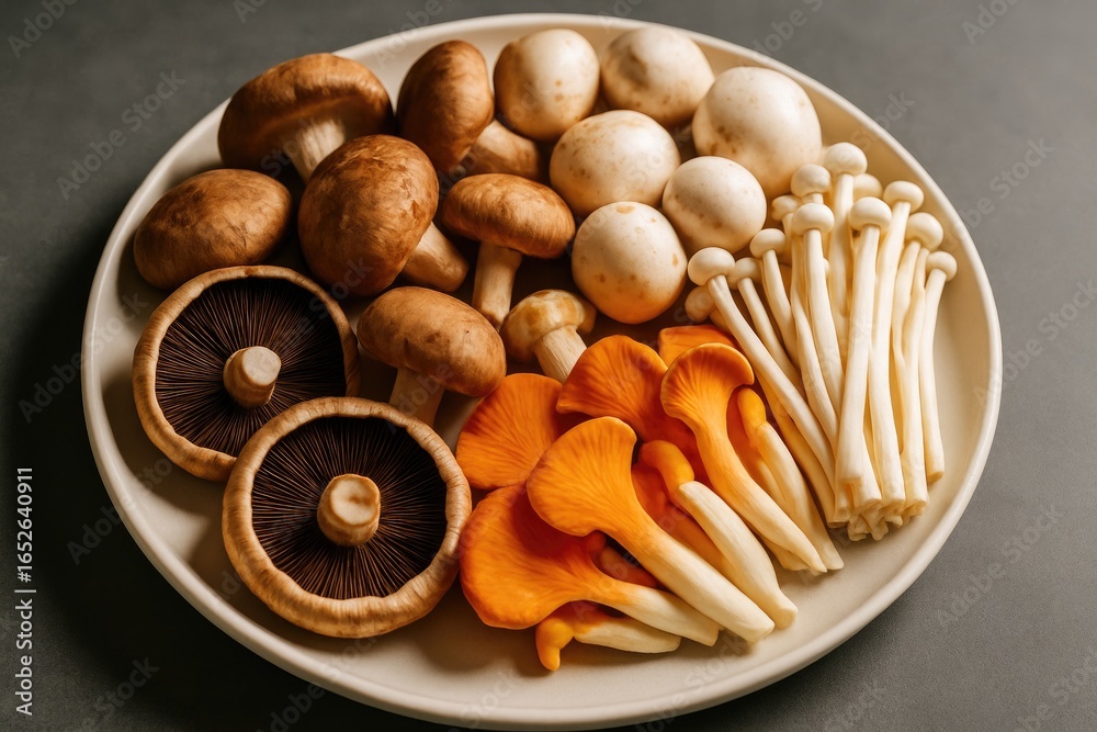 A selection of raw mushrooms arranged on a dish, awaiting the grill. A selection of raw mushrooms arranged on a dish, awaiting the grill.