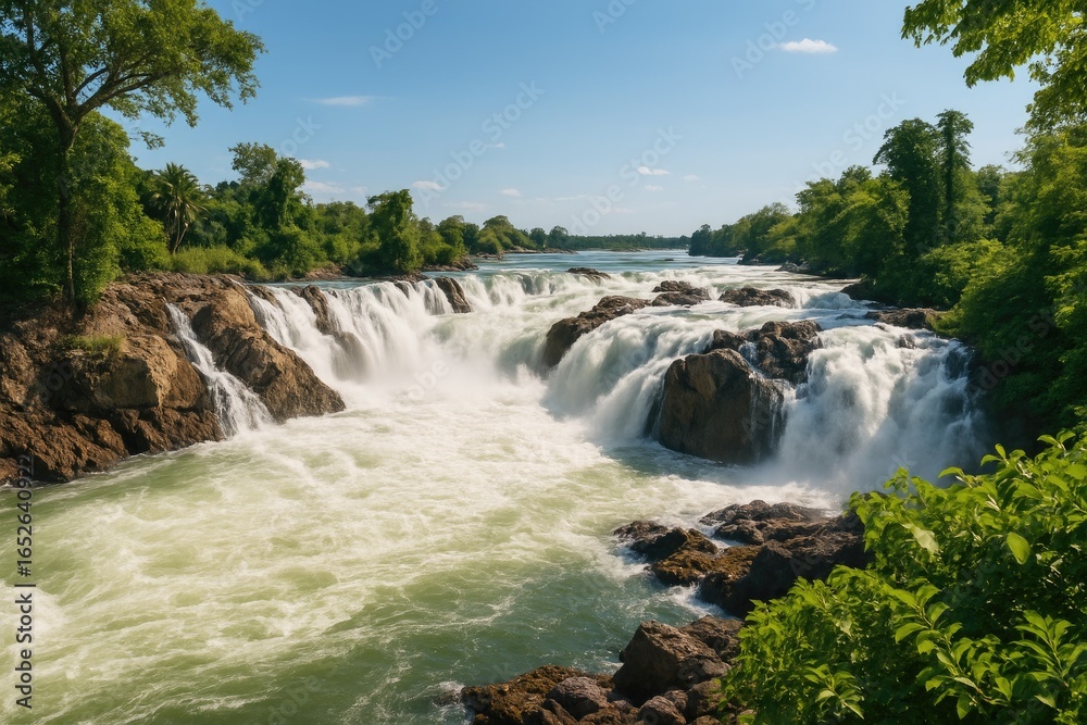 Obraz premium Overview of a large waterfall located among the four thousand islands in the Mekong River region