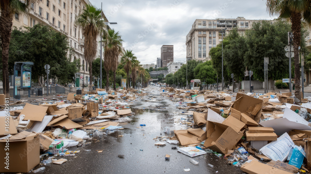 Fototapeta premium Streets flooded by discarded packaging materials. Symbol of a major environmental problem caused by urban overconsumption waste. Abstract image.
