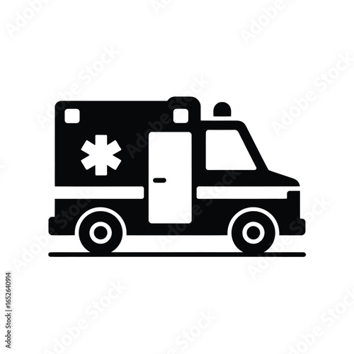 Black and white icon of an ambulance vehicle with star of life symbol emergency medical