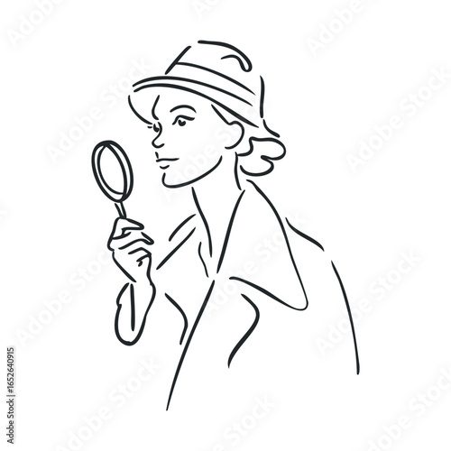 Woman detective with a magnifying glass for investigation