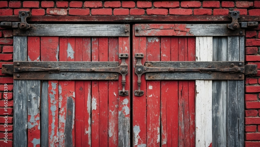 Rustic wooden door with chipped paint and iron fixtures mounted on a brick wall backdrop Rustic wooden door with chipped paint and iron fixtures mounted on a brick wall backdrop