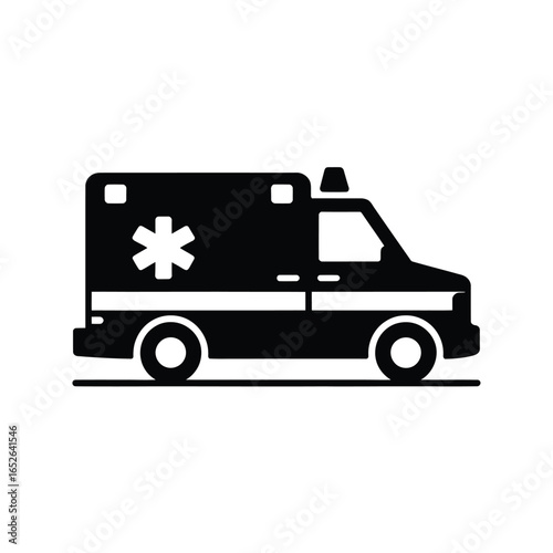 Black silhouette of an ambulance with star of life symbol on white background emergency