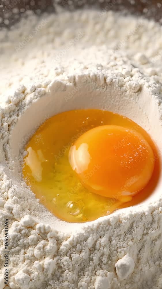 Egg yolk being dropped into a well of white flour, vertical video perfect for cooking, baking, and fresh ingredient themes Egg yolk being dropped into a well of white flour, vertical video perfect for cooking, baking, and fresh ingredient themes